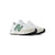 A pair of New Balance low-top sneakers in white and light beige with a sage green 'N' logo, shown from a three-quarters angle on a white background.