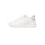 A white low-top sneaker with light blue 'Hummel' branding on the side, a light blue heel accent, a pink eyelet, and a small yellow pull tab, shown against a plain white background.