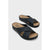 A pair of black wedge slide sandals with crisscrossing straps, shown on a light gray background. The brand name 'Caprioli' is visible on the tan insoles.