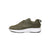 An olive green athletic sneaker with a textured knit upper, matching laces, and a thick white midsole, shown from a side profile on a white background.