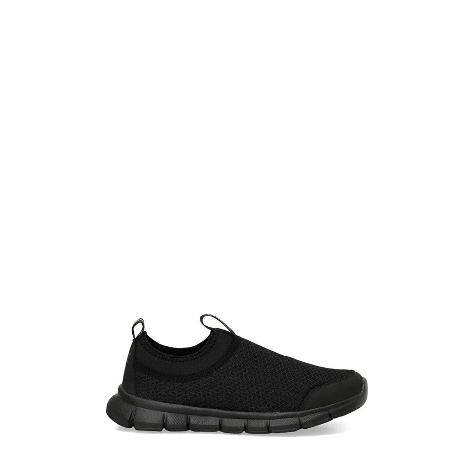 A single black slip-on mesh sneaker shown in profile against a solid white background.