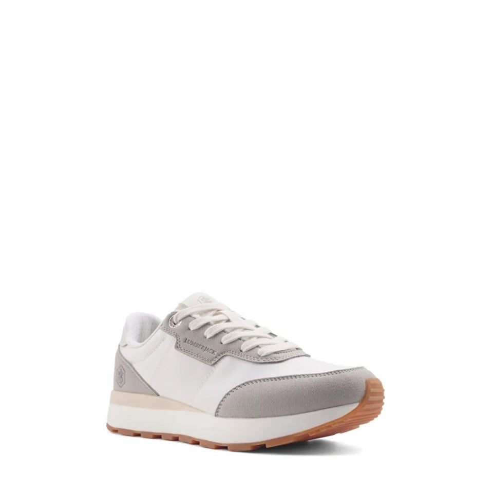 A low-top sneaker in white and light gray suede and leather, featuring white laces, a white midsole with a beige stripe, and a brown gum outsole, shown against a plain white background.