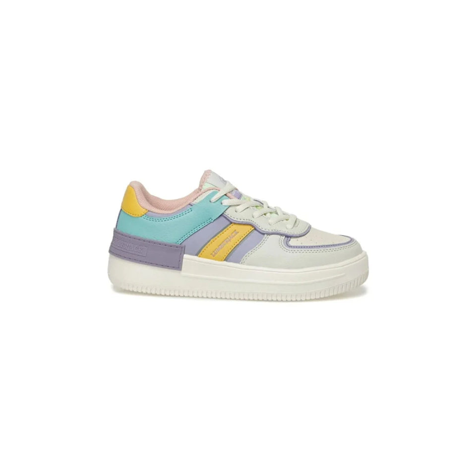 A low-top platform sneaker in pastel colors, featuring a white platform sole, a mint green and lavender upper, a yellow side stripe, and a light pink collar lining, shown against a plain white background.