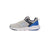 A light gray athletic sneaker with navy blue and bright blue accents, shown in a side profile on a white background.