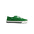 A green canvas low-top sneaker with white laces, a white rubber toe cap, and a gray and white midsole, shown in profile against a white background.