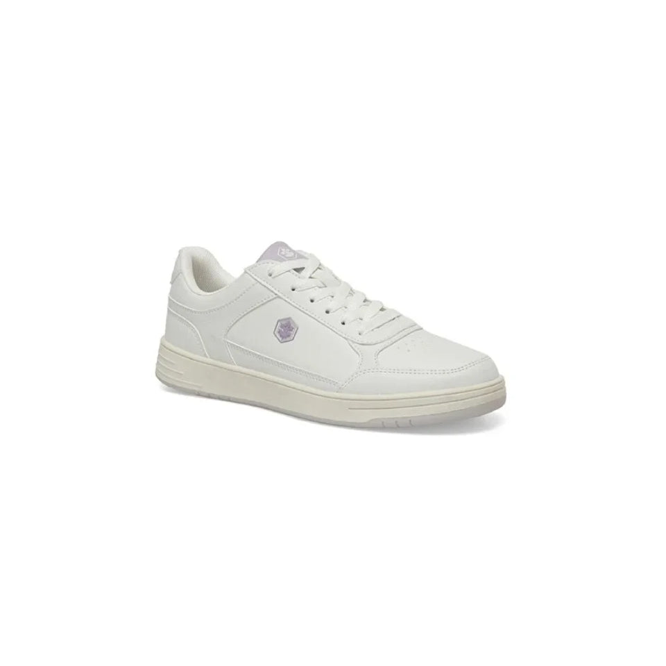 A white low-top sneaker with white laces, a white leather upper, and a white sole, featuring a small purple hexagonal logo on the side.