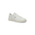 A white low-top sneaker with white laces, a white leather upper, and a white sole, featuring a small purple hexagonal logo on the side.