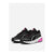 A pair of Puma sneakers in black with white side stripes and vibrant pink accents on the heel and tongue, displayed against a light gray background.