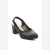 A black leather slingback pump with a low block heel and pointed toe, shown from a three-quarters angle on a white background.