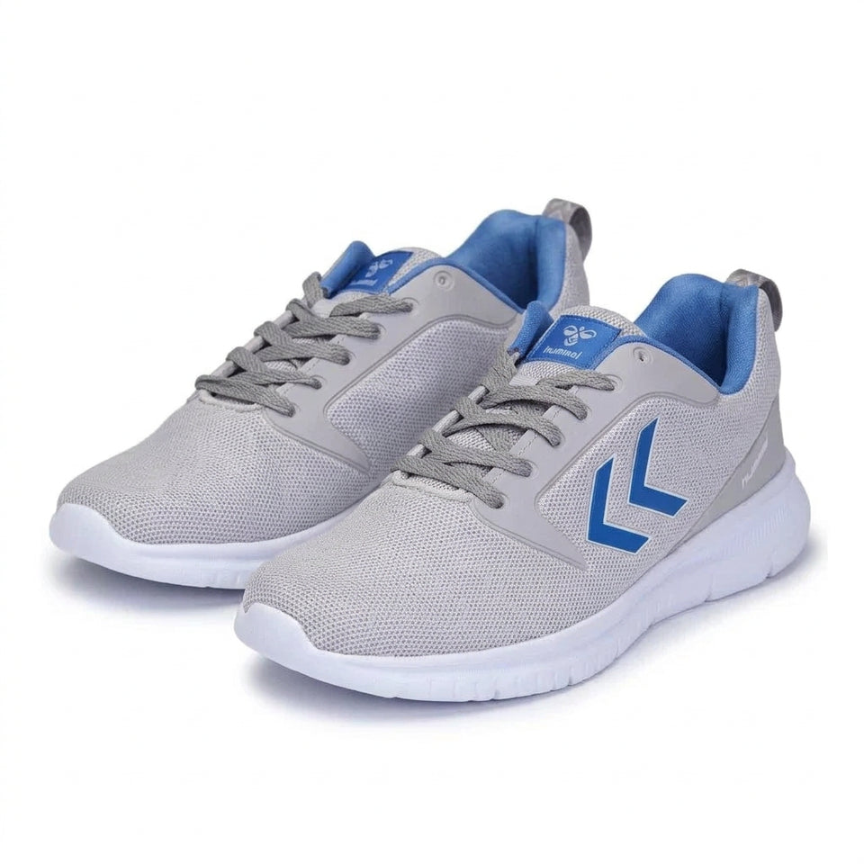A pair of light gray athletic sneakers with blue accents on the collar lining, tongue, and side logo, set against a plain white background.