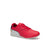 A red low-top sneaker with a perforated leather upper, matching red laces, a black side accent line, a gold shield logo on the heel, and a white midsole, shown against a plain white background.