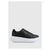 A black leather low-top sneaker with a thick white platform sole, shown in a side profile view against a light gray background.