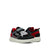 A pair of kids' sneakers in black, gray, and red, featuring a hook-and-loop strap, white laces, and a thick off-white sole. The brand name 'Explorers Direct' is visible on the side of the shoe.