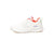 A white Hummel athletic sneaker with a bright orange-red collar lining, a light blue chevron logo on the side, and purple 'HUMMEL' branding on the midsole, shown against a plain white background.