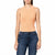 A woman wearing a sleeveless ribbed knit top in a light peach-pink color, paired with dark blue jeans, against a plain white background.