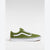An olive green Vans Old Skool sneaker with white laces, a white side stripe, and a white rubber sole, shown in a side profile on a light gray background.