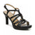 A black faux-leather strappy high-heeled sandal with an ankle strap and platform sole, shown from a three-quarters angle on a white background.