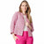 A woman modeling a pink and white textured tweed blazer over a white top and hot pink trousers, shot against a solid white background.
