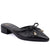 A black leather pointed-toe mule shoe with a low block heel, a decorative bow on the instep, and two gold-tone ring accents with clear rhinestones. The brand name 'LOVE & GEM' is printed in gold on the insole.