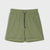Olive green drawstring shorts with a textured fabric, side pockets, and rolled cuffs, shown flat on a light gray background.