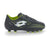 A black soccer cleat with neon green accents and a white graphic logo on the side, shown in profile against a white background.