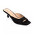 A single black open-toe mule sandal with a low kitten heel, shown from a three-quarters angle on a white background. The shoe is made of a matte black material, with a light beige insole and a small silver logo on the footbed.