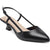 A single black pointed-toe slingback pump with a low block heel and thin ankle strap, shown on a plain white background.