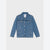 A classic blue denim jacket with silver-tone metal buttons, displayed flat against a light gray background.