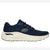 Navy running shoe with white sole on a white background