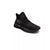 A black athletic sneaker with a textured knit upper, black laces, and a sculpted black sole, shown from a three-quarters angle on a white background.