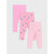 Three pairs of children's leggings in shades of pink, including one pair with a small green floral print, displayed on a light gray background.