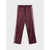 A pair of maroon track pants with white side stripes, displayed flat against a light gray background.