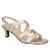 A single women's heeled sandal in a champagne gold satin finish, featuring criss-crossing straps, a low block heel, and an adjustable ankle strap with a gold buckle, shown against a plain white background.