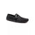 Navy blue leather boat shoe on a white background