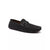 Black loafer shoe with gold buckle on a white background