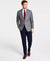 Man wearing a gray checkered suit with a red tie on a white background