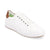 A white leather low-top sneaker with white laces, brown heel tab, and a light brown outsole, shown on a white background.