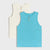 Two sleeveless Henley tank tops for kids, one in bright turquoise blue and one in cream, both with two brown buttons at the collar, displayed on a light gray background.
