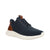 A single navy blue knit sneaker with brown leather heel accents and a thick white sole, shown from a three-quarters angle on a plain white background.