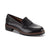 A black leather penny loafer with a chunky black lug sole and a brown midsole layer, shown from a three-quarters angle on a white background.