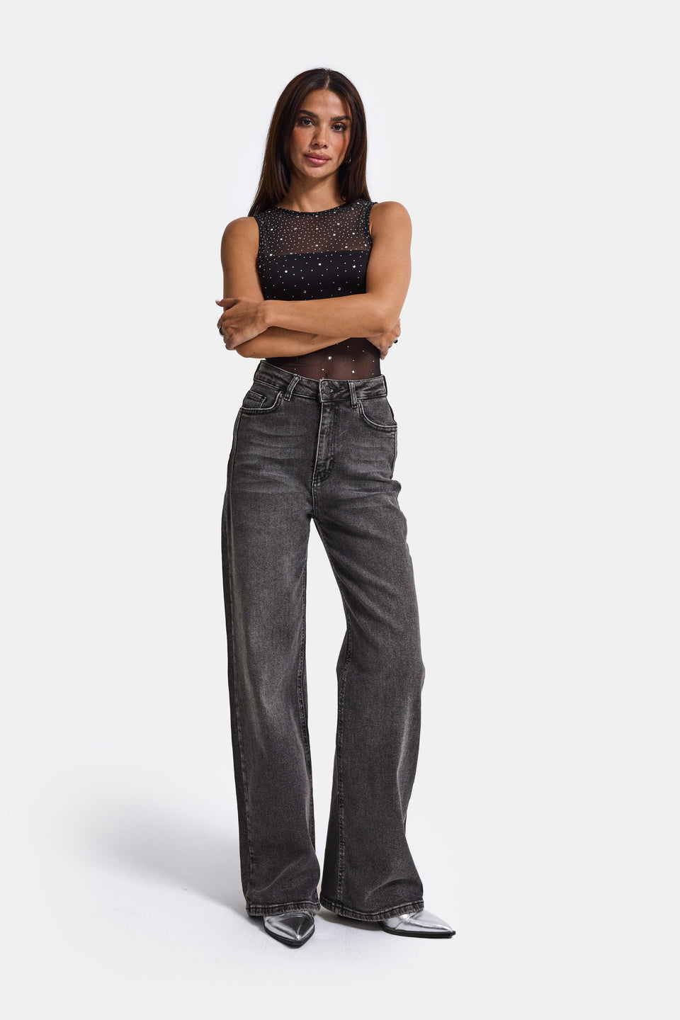It's Basic Women Dark Gray Wide Leg Jeans 2506