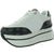 A white and black platform sneaker by GUESS, featuring a chunky white sole, white leather panels, black patterned overlays, and white laces, shown against a plain white background.