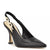 Black slingback pump with gold heel on a white background