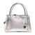 A silver metallic pebbled leather handbag with double top handles, a detachable shoulder strap, and a hanging heart-shaped charm on a plain white background.