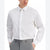 A man wearing a white long-sleeve button-down dress shirt tucked into gray dress pants, shown from the chin down against a plain white background.