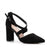 A black suede high-heeled pump with a pointed toe, criss-cross ankle straps, and a silver buckle, shown against a plain white background.