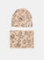 A beige baby beanie and matching neck gaiter set featuring a black line art cartoon cat pattern with the text 'FEEL THE CAT'.