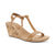Tan wedge sandal with cork wedge sole on a white background