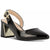 Black patent leather slingback shoe with gold accents on a white background