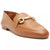 A tan pebbled leather loafer with a gold-tone horsebit hardware detail across the vamp, shown on a plain white background.
